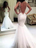 Elegant Mermaid White V Neck Appliques Wedding Dresses, Tulle Beach Wedding Gowns STI15183