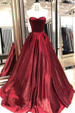 Unique A Line Burgundy Sweetheart Strapless Satin Prom Dresses, Simple Party Dress STI15602