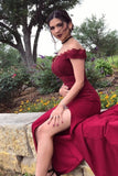 Mermaid Off the Shoulder Burgundy Prom Dresses with Slit, Lace Appliques Evening Dress STI15264