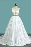 2024 V Neck Wedding Dresses Open Back Satin A Line P5GEP2YB