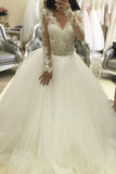 Ball Gown Long Sleeves V Neck Tulle Wedding Dress Princess Long Bridal Dress P2N9Z9YZ