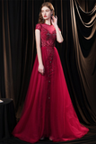 Fabulous Scoop Glitter Red Prom Dress Short Sleeves Pearl Evening Dress