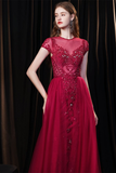 Fabulous Scoop Glitter Red Prom Dress Short Sleeves Pearl Evening Dress