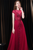 Fabulous Scoop Glitter Red Prom Dress Short Sleeves Pearl Evening Dress