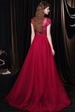 Fabulous Scoop Glitter Red Prom Dress Short Sleeves Pearl Evening Dress