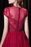 Fabulous Scoop Glitter Red Prom Dress Short Sleeves Pearl Evening Dress