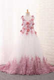 2024 Scoop A Line Tulle Flower Girl Dresses With Applique P7JAHK9X