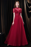 Fabulous Scoop Glitter Red Prom Dress Short Sleeves Starlight Evening Dress