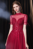 Fabulous Scoop Glitter Red Prom Dress Short Sleeves Starlight Evening Dress