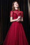 Fabulous Scoop Glitter Red Prom Dress Short Sleeves Starlight Evening Dress