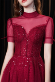 Fabulous Scoop Glitter Red Prom Dress Short Sleeves Starlight Evening Dress