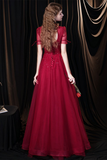 Fabulous Scoop Glitter Red Prom Dress Short Sleeves Starlight Evening Dress