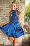 Pretty A-line High Neck Above-knee Beaded Dark Blue Backless Short Homecoming Dresses