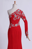 2024 Long Dress One Sleeve Beaded Bodice Sheath/Column With Chiffon PGS4QKP3