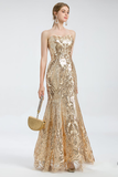 Glitter Strapless Gold Prom Dresses Long Plus Size Formal Dresses