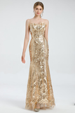 Glitter Strapless Gold Prom Dresses Long Plus Size Formal Dresses