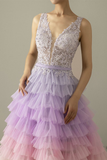 A-Line V-Neck Backless Applique Gradient Tulle Prom Dress