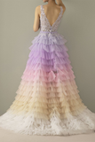 A-Line V-Neck Backless Applique Gradient Tulle Prom Dress