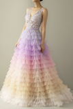 A-Line V-Neck Backless Applique Gradient Tulle Prom Dress