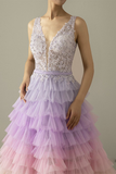 A-Line V-Neck Backless Applique Gradient Tulle Prom Dress