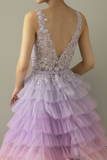 A-Line V-Neck Backless Applique Gradient Tulle Prom Dress