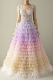 A-Line V-Neck Backless Applique Gradient Tulle Prom Dress