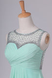 2024 Mint Scoop A Line Prom Dresses Chiffon With Beads & Ruffles Floor P8ELAPYL