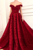 Charming Red Lace Off the Shoulder Prom Dresses, V Neck Handmade Flowers Party Dresses STI15121