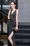 Mermaid V-Neck Long Prom Dress Multi-Color Sequin Evening Dress