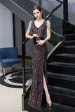 Mermaid V-Neck Long Prom Dress Multi-Color Sequin Evening Dress