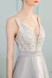 A-Line V-Neck Pleated Grey Satin Prom Dress with Appliques