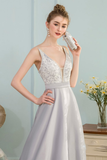 A-Line V-Neck Pleated Grey Satin Prom Dress with Appliques