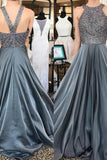 Beautiful Long Beading Open Back A-Line Gray Prom Dresses P7HX27HD