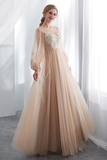 Fabulous Scoop Champagne Prom Dress Long Sleeves Appliques Evening Dress