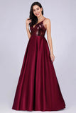 Deep V Neck Long Sleeveless Spaghetti Straps Burgundy Satin Evening Prom Dresses STI15140