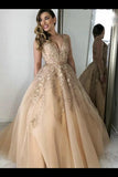 Charming A Line V Neck Beads Tulle Prom Dresses With Appliques Floor Length P2T1NQ4L