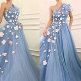 Charming One Shoulder Blue Tulle 3D Flowers Prom Dresses, Long Cheap Dance Dresses STI15119