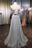 A Line Tulle Beads 3D Flowers Round Neck Long Prom Dresses PMQZJ25Z