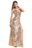 A Line Spaghetti Straps Sequins V Neck Backless Prom Dresses with Side Slit Formal Dress STI15030