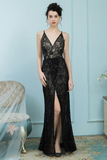 Sheath V-Neck Prom Dress Black Lace Long Evening Dress