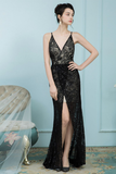 Sheath V-Neck Prom Dress Black Lace Long Evening Dress