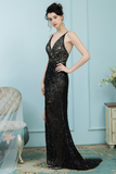 Sheath V-Neck Prom Dress Black Lace Long Evening Dress