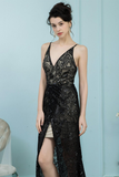 Sheath V-Neck Prom Dress Black Lace Long Evening Dress