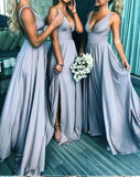 Elegant A Line V Neck Blue Straps Bridesmaid Dresses, Wedding Party STI20413