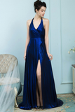 A-Line V-Neck Sweep Train Backless Royal Blue Prom Dress with Split