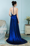 A-Line V-Neck Sweep Train Backless Royal Blue Prom Dress with Split