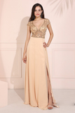 Sheer-Bodice Long Prom Dress Cap Sleeve Evening Dress