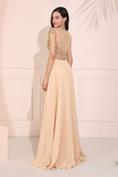 Sheer-Bodice Long Prom Dress Cap Sleeve Evening Dress