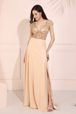 Sheer-Bodice Long Prom Dress Cap Sleeve Evening Dress