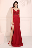 Mermaid Beading Red Prom Dress Side Split Long Evening Dress